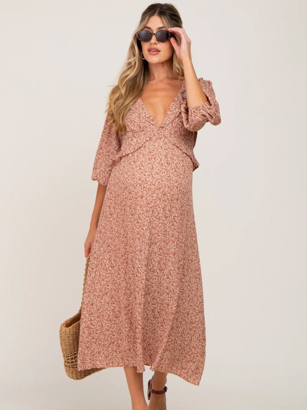 PinkBlush / LUSH Rust Floral Ruffle V-Neck Maternity Midi Dress S NWT
